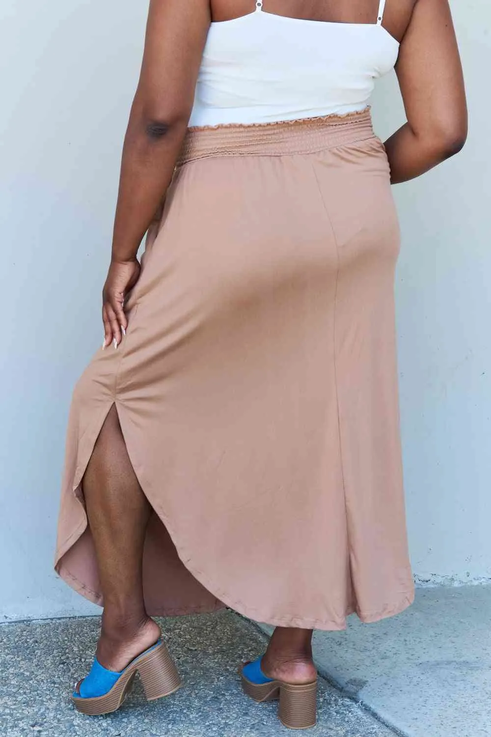 Women's Doublju Comfort Princess Full Size High Waist Scoop Hem Maxi Skirt in Tan