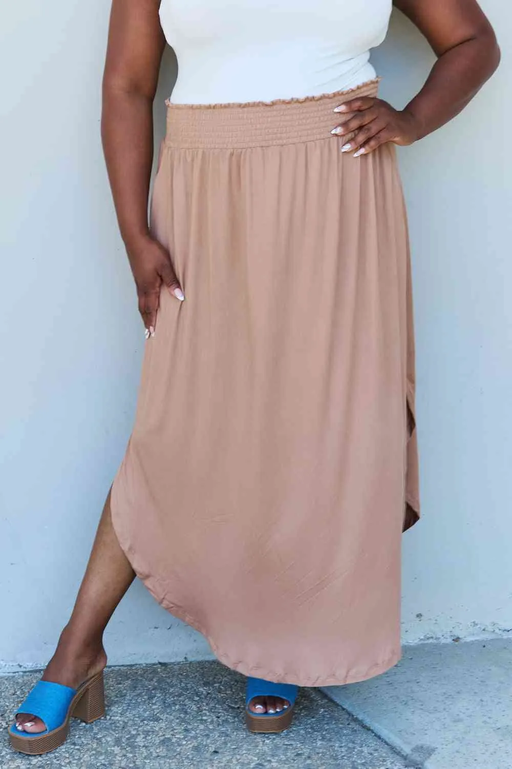 Women's Doublju Comfort Princess Full Size High Waist Scoop Hem Maxi Skirt in Tan