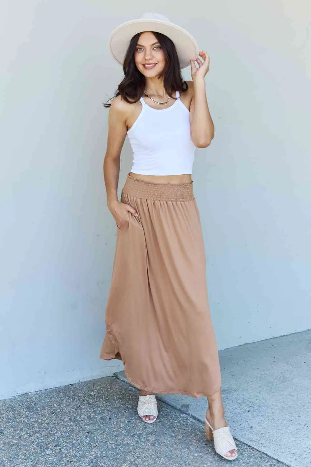 Women's Doublju Comfort Princess Full Size High Waist Scoop Hem Maxi Skirt in Tan