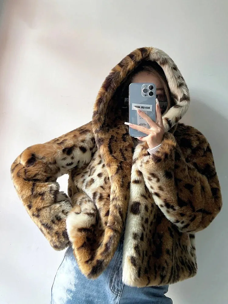 Women's Posh Leopard Faux Fur Hoodie Coat