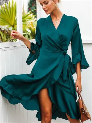 Women's Satin Flare Ruffled Sleeve Sash Wrap Dress