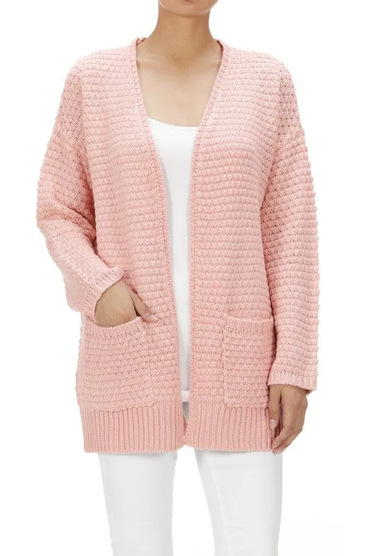 Yemak Women's Oversized Open Front Popcorn Knit Sweater Cardigan with Front Pockets HK8145