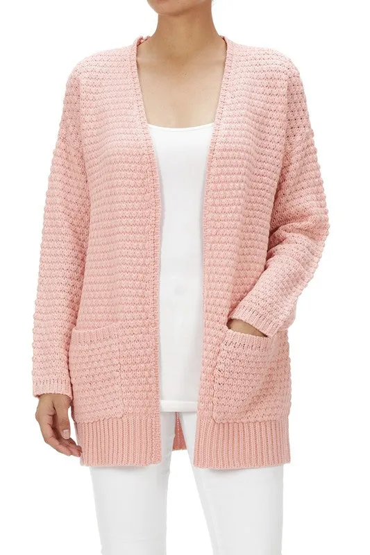 Yemak Women's Oversized Open Front Popcorn Knit Sweater Cardigan with Front Pockets HK8145